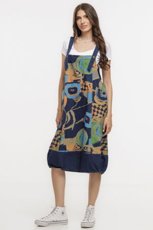 Rochii - Rochie sarafan din denim deschis cu imprimeu abstract si tiv balon