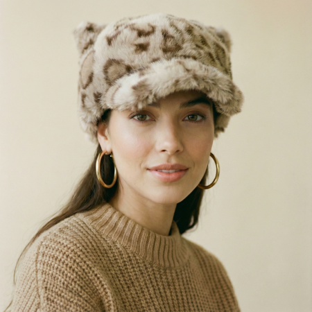 Pălarii de Iarnă - Sapca cu cozoroc din blanita si interior matlasat, animal print bej