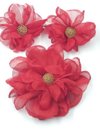 Cercei - Set cercei statement floare din voal matasos rosu si brosa