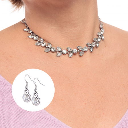 Seturi - Set colier la baza gatului argintiu cu cercei cu strasuri albe
