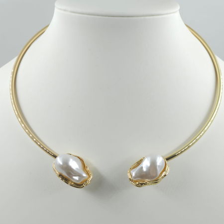 Set colier auriu rigid cu perle sintetice neregulate si cercei asortati [2]