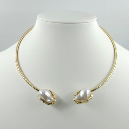 Set colier auriu rigid cu perle sintetice neregulate si cercei asortati [8]