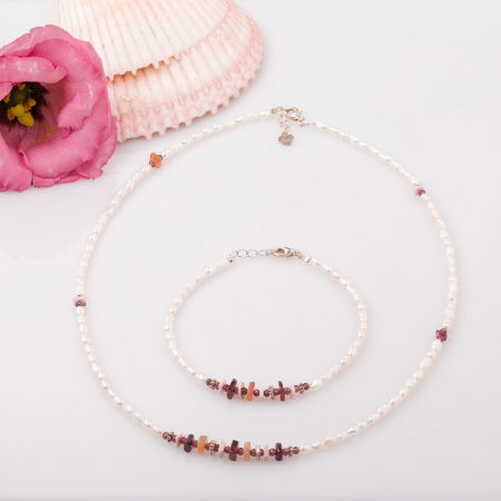 Set colier si bratara subtire din perle cu placute de granat si rodonit [0]