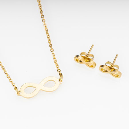 Coliere & Lanțuri - Set metalic auriu format din colier si cercei cu forma infinit