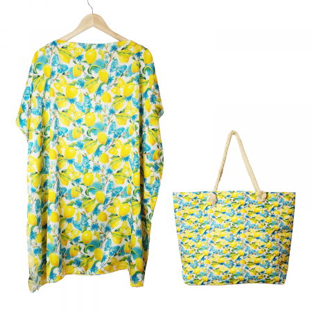 Set rochie tip poncho din matase si geanta mare de vara cu model mediteranean cu lamai si fluturi [0]