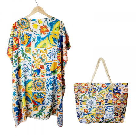 Set rochie tip poncho din matase si geanta mare de vara cu model marocan cu lamai in culori vibrante [0]