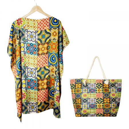 Set rochie tip poncho din matase si geanta mare de vara cu model marocan in culori vibrante [0]