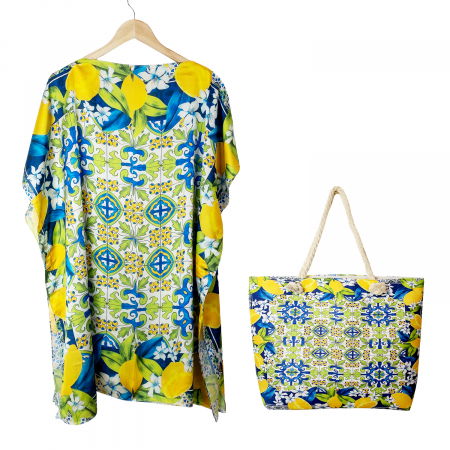 Set rochie tip poncho din matase si geanta mare de vara cu model mediteranean cu lamai pe alb, verde si albastru [0]