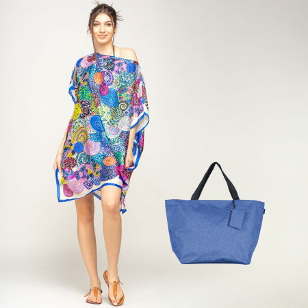 Set rochie tip poncho din matase si geanta mare de vara, în nuanțe de albastru [0]