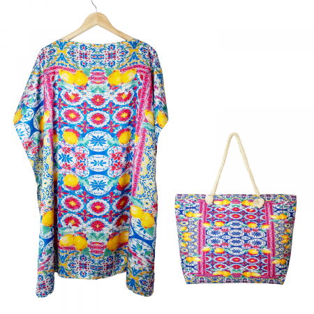 Set rochie tip poncho din matase si geanta mare de vara cu model mediteranean cu lamai pe alb si fucsia [0]