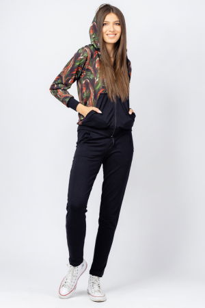 Treninguri din Bumbac - Trening dama bumbac doua piese, pantalon negru si hanorac cu corai si kaki