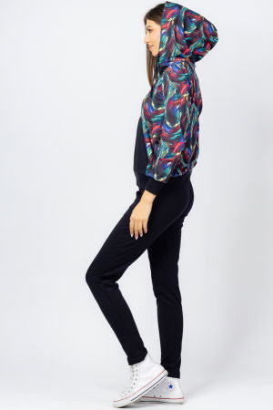Treninguri din Bumbac - Trening dama bumbac doua piese, pantalon negru si hanorac cu albastru si corai