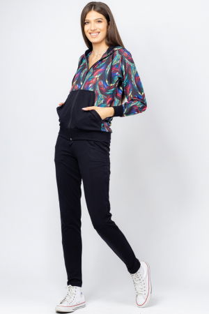 MĂSURI MARI - Trening dama bumbac doua piese, pantalon negru si hanorac cu albastru si corai
