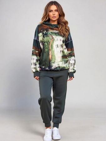 Treninguri din Catifea - Trening dama din catifea cu hanorac imprimat si pantaloni jogger – kaki