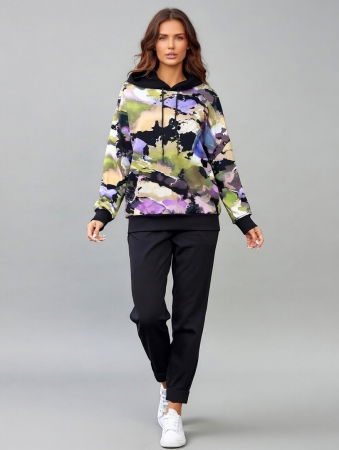 Treninguri din Catifea - Trening dama cu hanorac imprimat cu ilustratie fashion si pantaloni jogger – negru