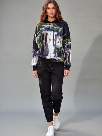 Treninguri din Catifea - Trening dama din catifea cu hanorac imprimat si pantaloni jogger – gri