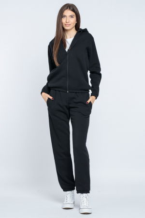 Treninguri din Catifea de Bumbac - Trening dama doua piese din jerseu de bumbac vatuit, negru