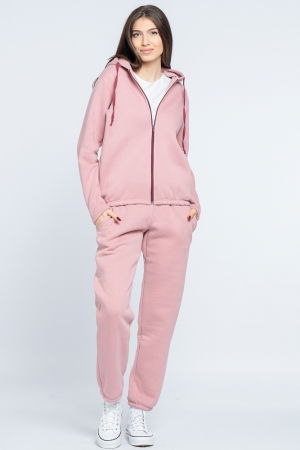 Treninguri din Catifea de Bumbac - Trening dama doua piese din jerseu de bumbac vatuit, roz prafuit