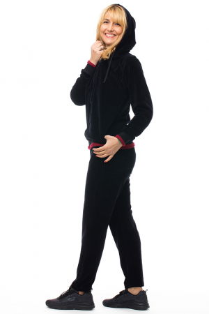 Trening dama doua piese din catifea de bumbac, negru, cu banda bordo [1]