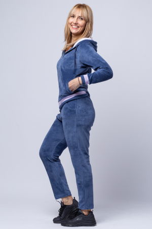 Trening dama doua piese din catifea de bumbac, albastru jeans cu banda lila