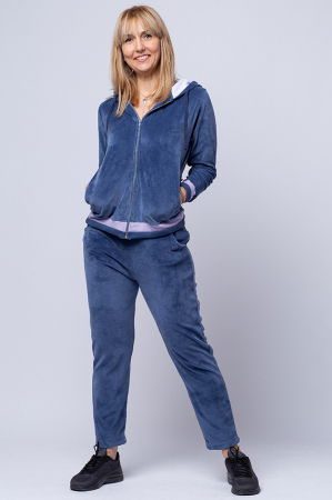 Trening dama doua piese din catifea de bumbac, albastru jeans cu banda lila [2]