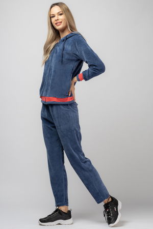 Trening dama doua piese din catifea de bumbac, albastru jeans, cu banda corai [1]