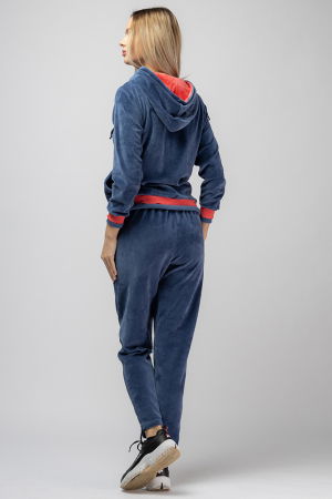 Trening dama doua piese din catifea de bumbac, albastru jeans, cu banda corai [2]