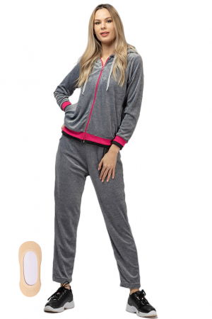 Trening dama doua piese din catifea de bumbac,gri deschis, cu banda fucsia [3]