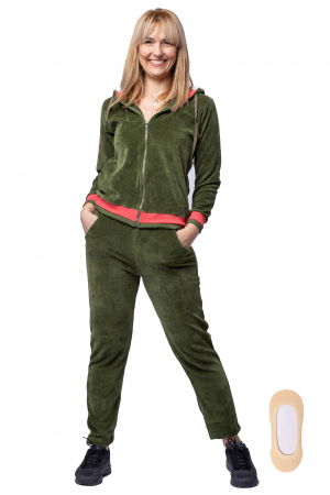 Trening dama doua piese din catifea de bumbac, kaki, cu banda corai [4]