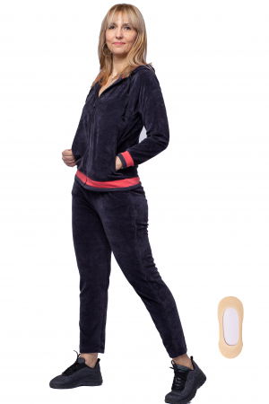 Trening dama doua piese din catifea de bumbac, gri fume cu banda corai [3]