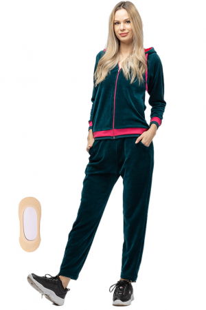 Trening dama doua piese din catifea de bumbac, verde turquoise cu banda fucsia [1]