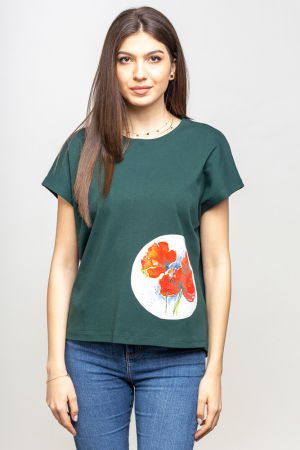 MĂSURI MARI - Tricou verde cu panou lateral maci rosii picturali