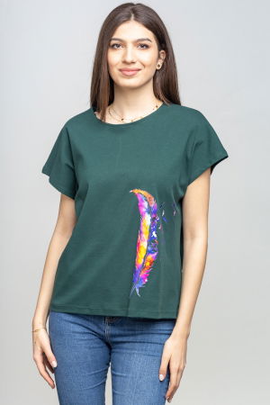 MĂSURI MARI - Tricou verde cu panou lateral pana stilizata