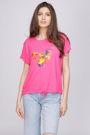 Tricou din vascoza cu snur la poale si imprimeu fluturi, fucsia [0]