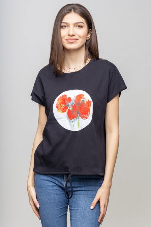 Tricouri Mânecă Scurtă - Tricou negru cu snur si panou maci rosii picturali