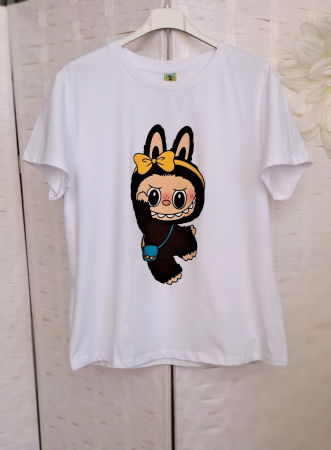 Tricou alb din bumbac cu imprimeu Labubu cu fundita, marime mare [1]
