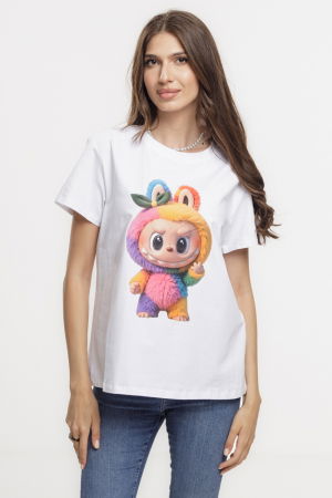 Tricouri din Bumbac - Tricou alb din bumbac cu imprimeu Labubu fabulos în culori vii