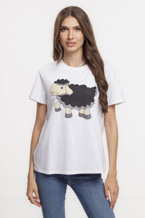 Tricouri Mânecă Scurtă - Tricou alb din bumbac cu imprimeu Oaia neagră – tricoul celor diferiți