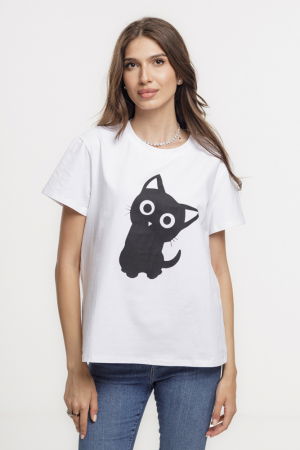 Tricouri Mânecă Scurtă - Tricou alb din bumbac cu imprimeu pisicuta neagra mirata, marime mare