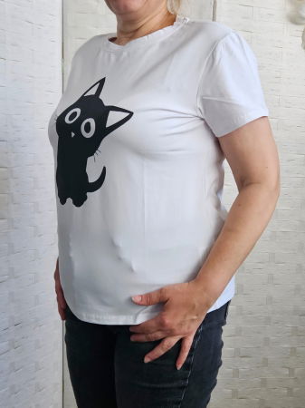 Tricou alb din bumbac cu imprimeu pisicuta neagra mirata, marime mare [4]