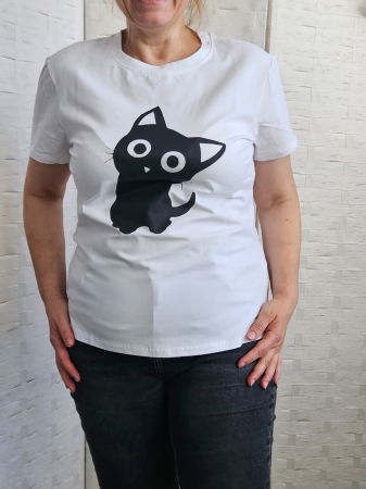 Tricou alb din bumbac cu imprimeu pisicuta neagra mirata, marime mare [1]