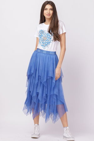 Tricou alb din bumbac cu imprimeu turcoaz-argintiu Micky stilizat si inima [3]