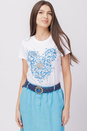 Tricouri Mânecă Scurtă - Tricou alb din bumbac cu imprimeu turcoaz-argintiu Micky stilizat si inima