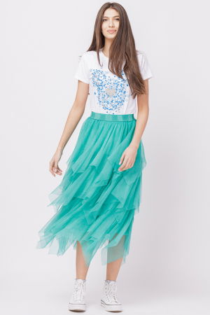 Tricou alb din bumbac cu imprimeu turcoaz-argintiu Micky stilizat si inima [2]