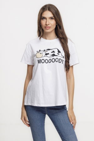 Tricouri Mânecă Scurtă - Tricou alb din bumbac cu imprimeu vacuta zen, marime mare