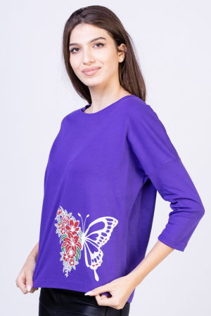 Tricou mov din bumbac, cu maneci 3/4 si imprimeu fluture [1]