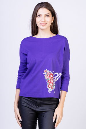 ÎMBRĂCĂMINTE - Tricou mov din bumbac, cu maneci 3/4 si imprimeu fluture