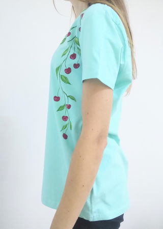 Tricou bleu pictat manual, cu cireșe [1]