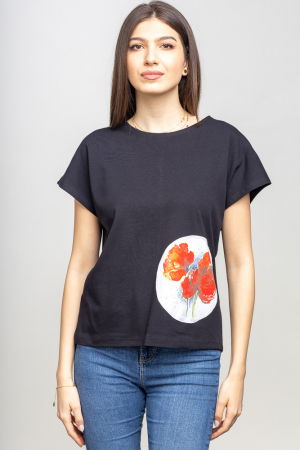 Tricouri din Bumbac - Tricou negru cu panou lateral maci rosii picturali