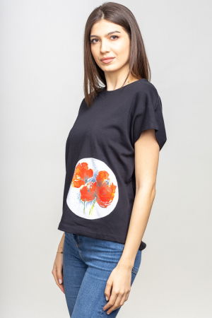 Tricou negru cu panou lateral maci rosii picturali [1]